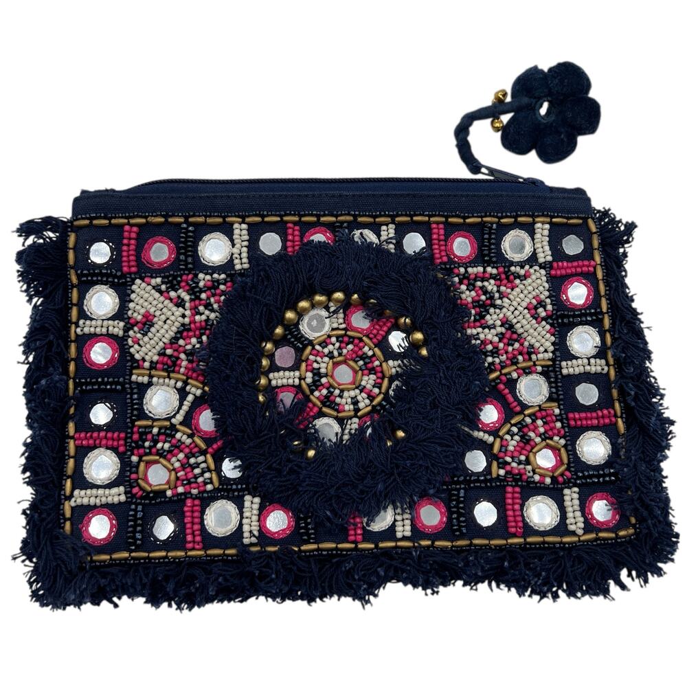 Shiraleah‎ Chicago Beaded Fringe Boho Clutch Bag Navy Pink Tribal Embellished